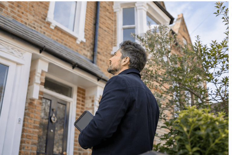 A buyer looking over a terraced house from the street before a viewing