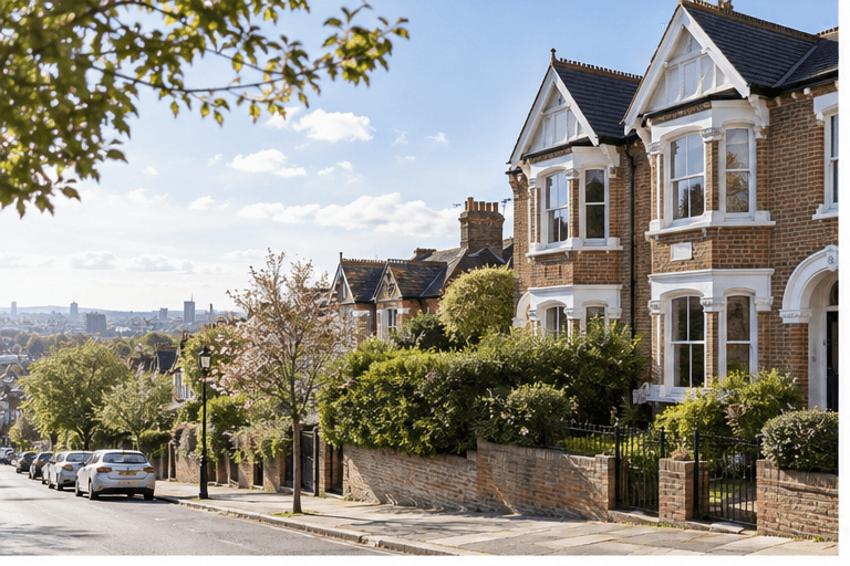 A tree-lined street of Victorian terraced houses