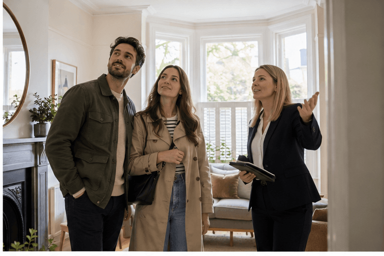 Two buyers at a viewing with an estate agent